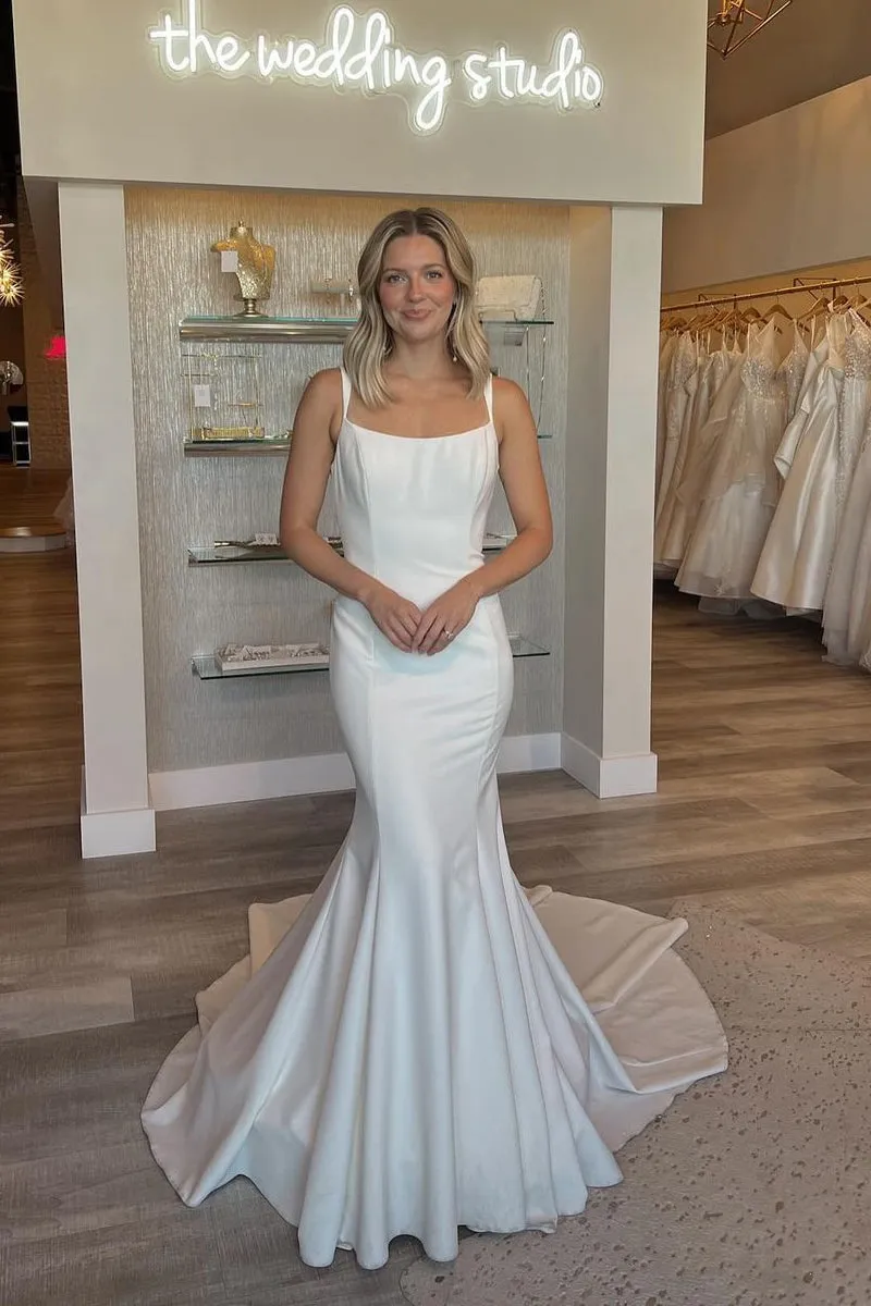 Simple Mermaid Scoop Neck Backless Satin Wedding Dresses