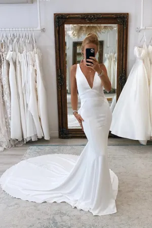 Simple Mermaid V Neck Satin White Wedding Dresses