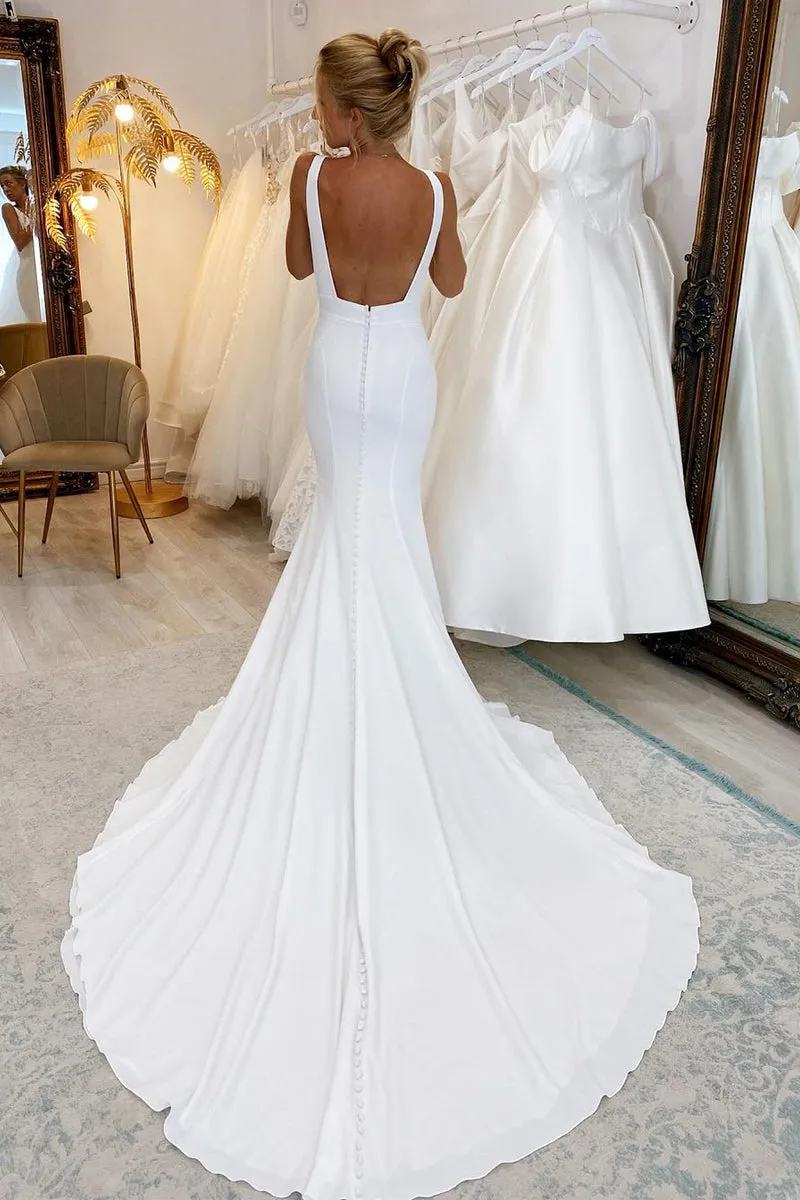 Simple Mermaid V Neck Satin White Wedding Dresses