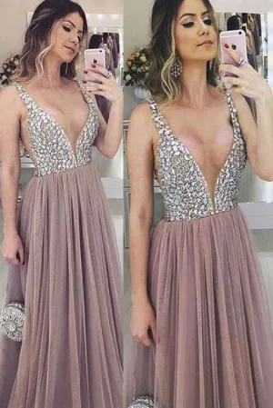 Simple V-Neck Beaded Floor Length Prom Dress