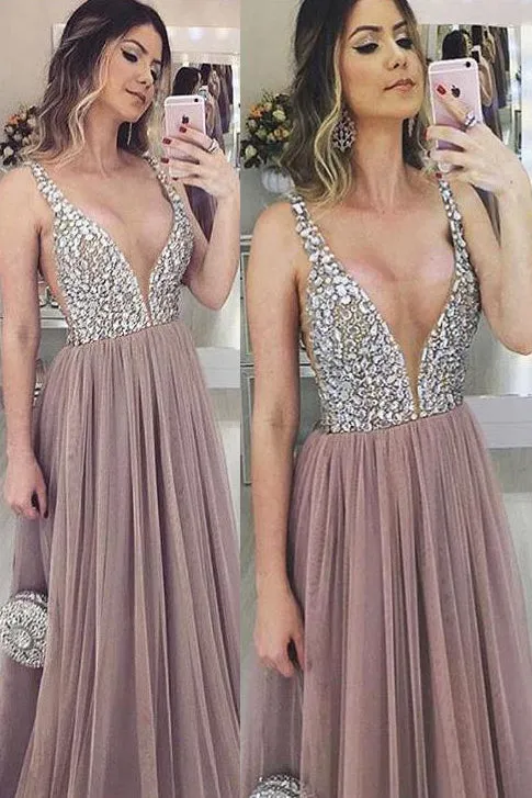 Simple V-Neck Beaded Floor Length Prom Dress