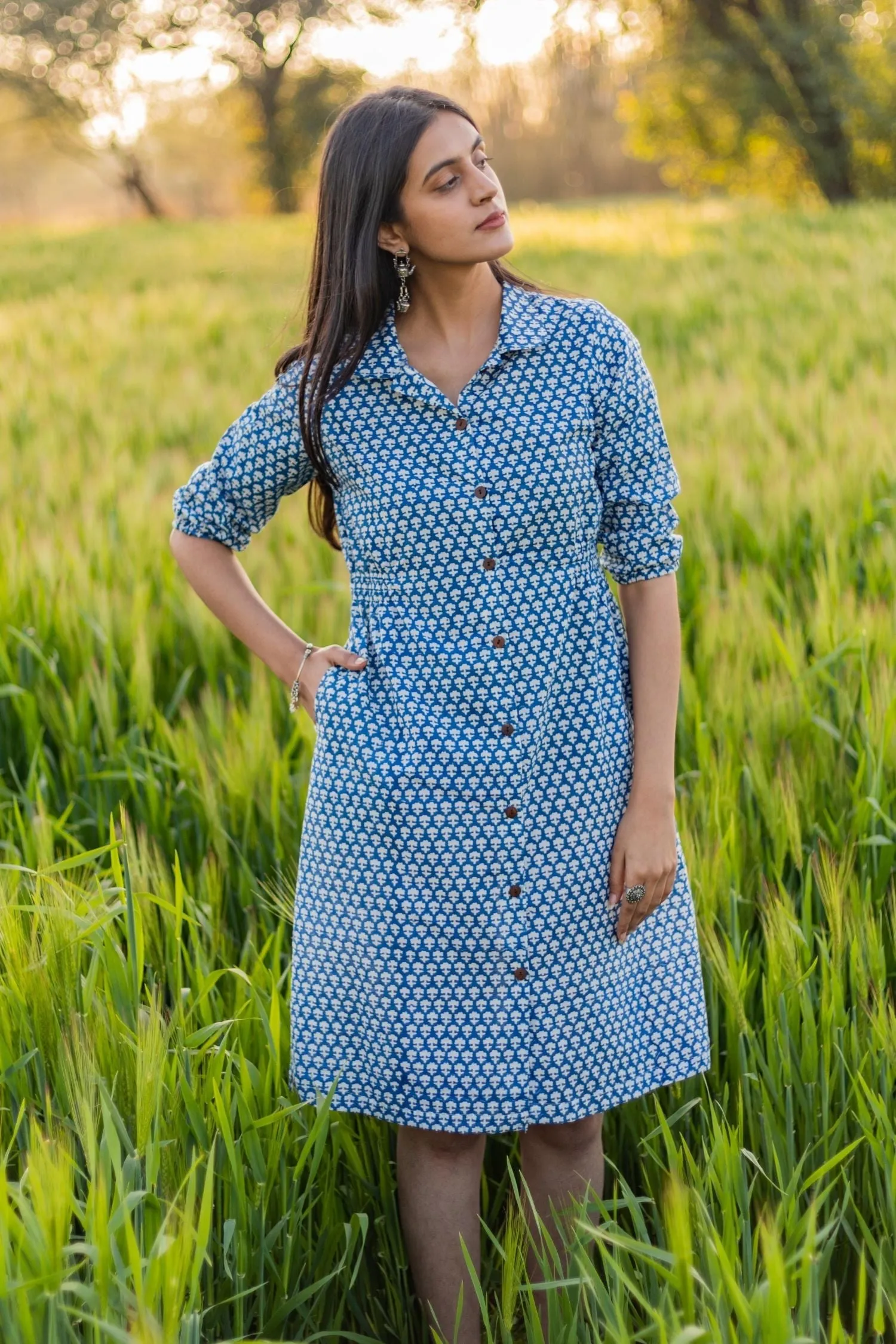 Sootisyahi 'Blue Bell' Azofree Handblock Printed Pure Cotton Dress