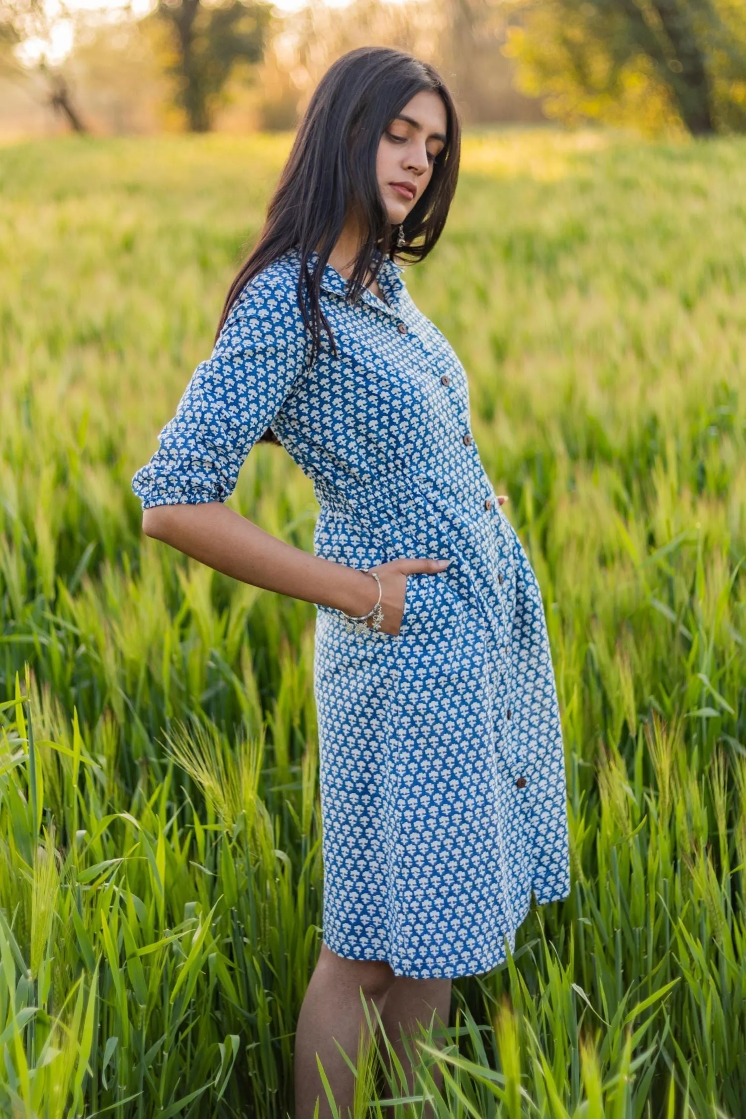 Sootisyahi 'Blue Bell' Azofree Handblock Printed Pure Cotton Dress