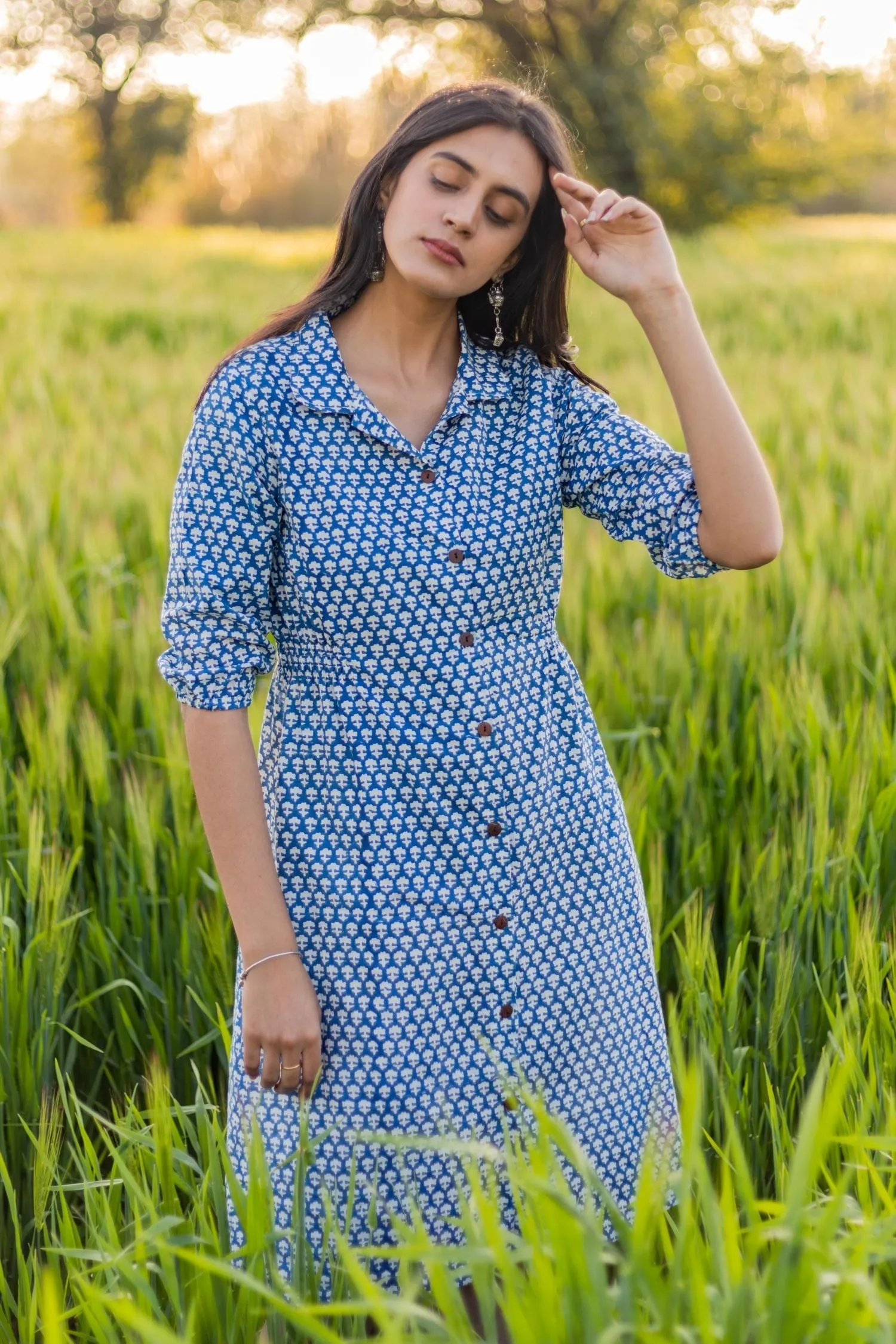Sootisyahi 'Blue Bell' Azofree Handblock Printed Pure Cotton Dress