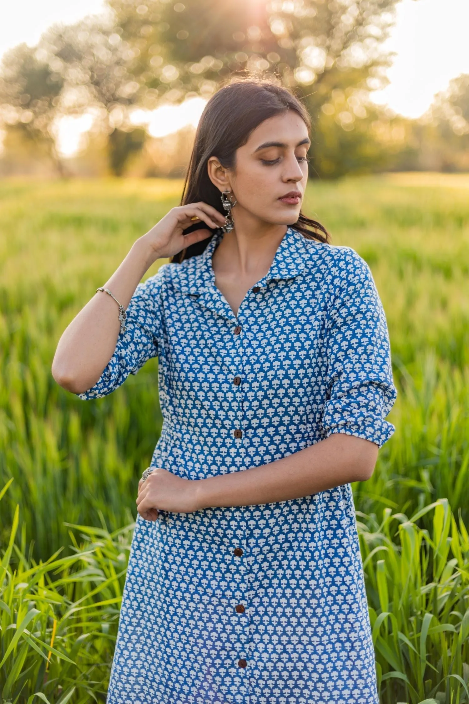 Sootisyahi 'Blue Bell' Azofree Handblock Printed Pure Cotton Dress
