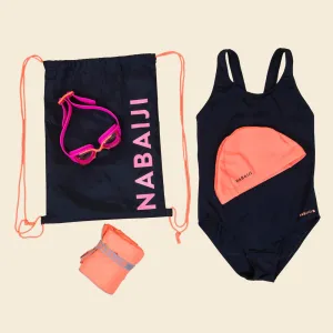 START 100 GIRL'S SWIMMING SET - NAVY/CORAL (BAG, TOWEL, GOGGLES, CAP, SWIMSUIT)
