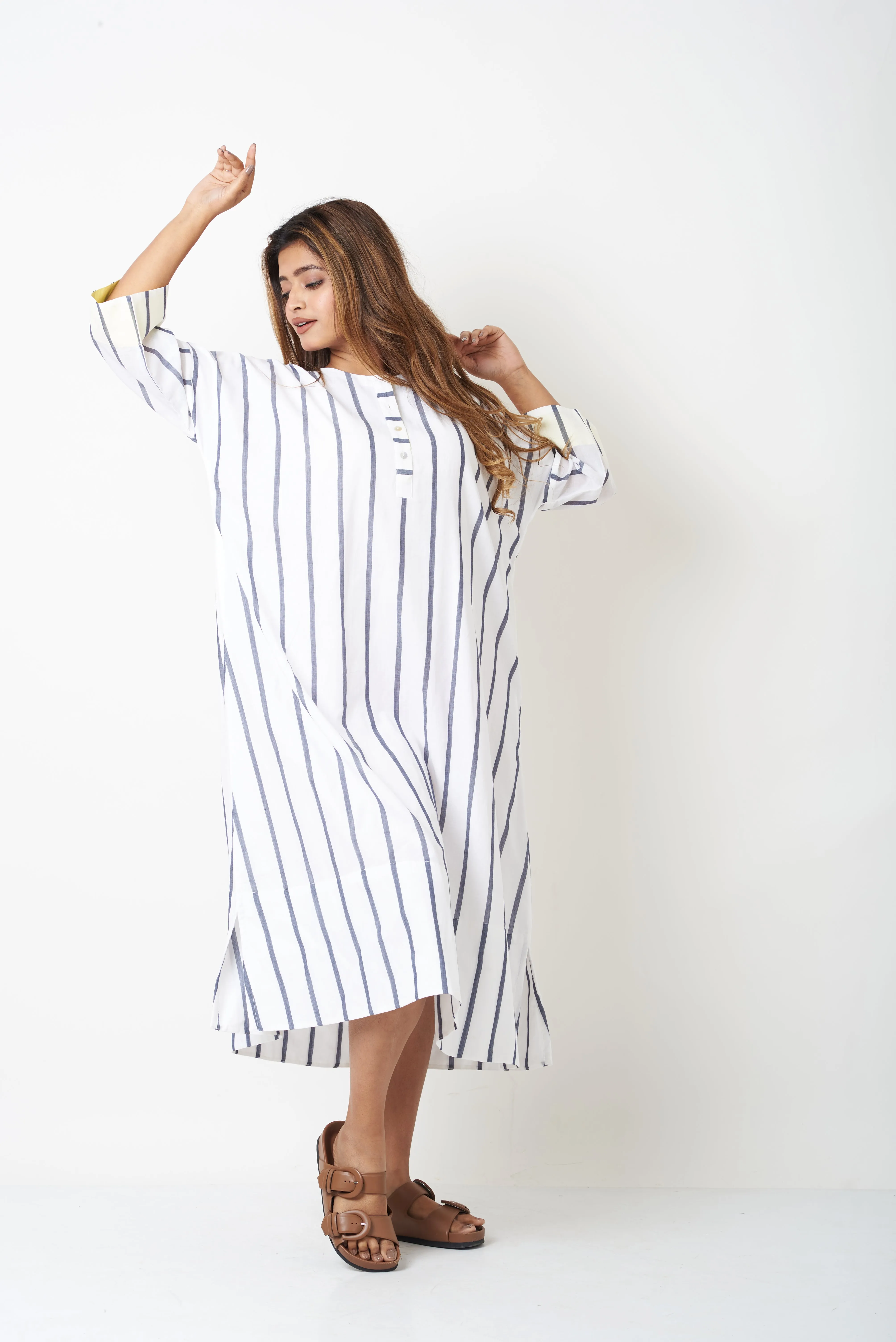 STRIPED SHIRT DRESS WITH YELLOW PATTI