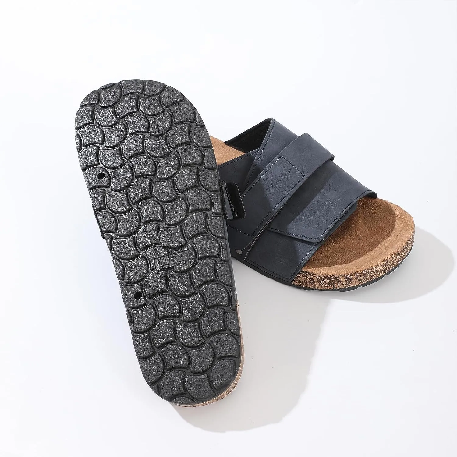 Stylish Flat Sandals for Men - Adjustable Strap, Suede Covered, Molded Faux Cork Midsole, EVA Rubber Sole