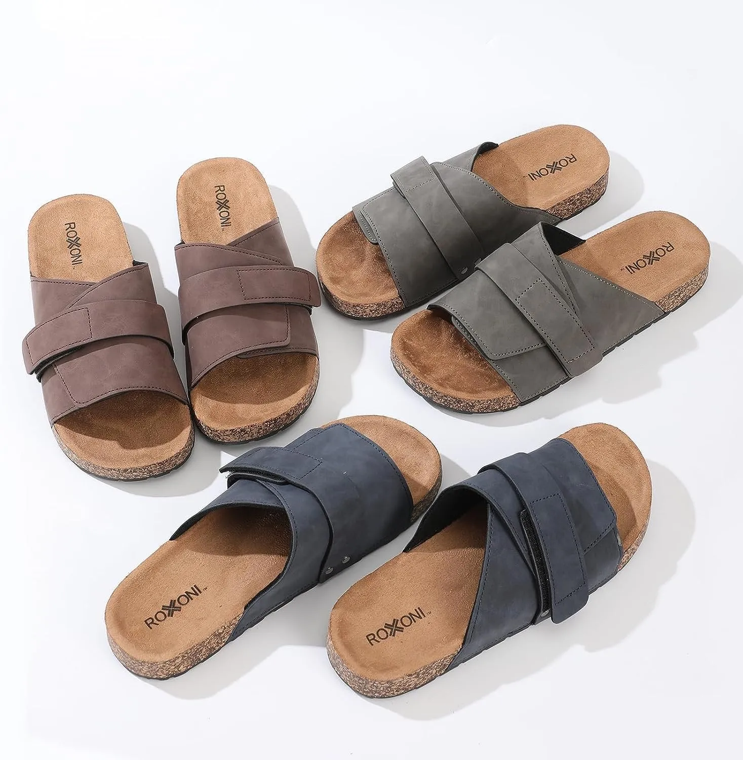 Stylish Flat Sandals for Men - Adjustable Strap, Suede Covered, Molded Faux Cork Midsole, EVA Rubber Sole