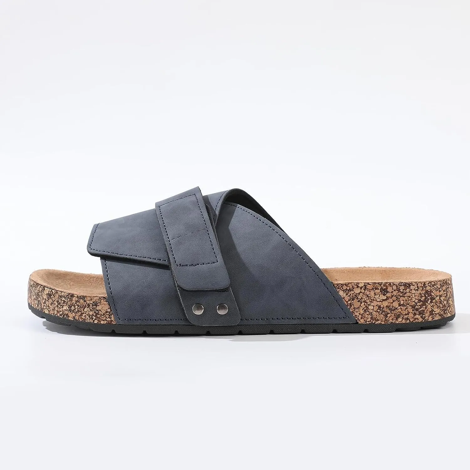 Stylish Flat Sandals for Men - Adjustable Strap, Suede Covered, Molded Faux Cork Midsole, EVA Rubber Sole