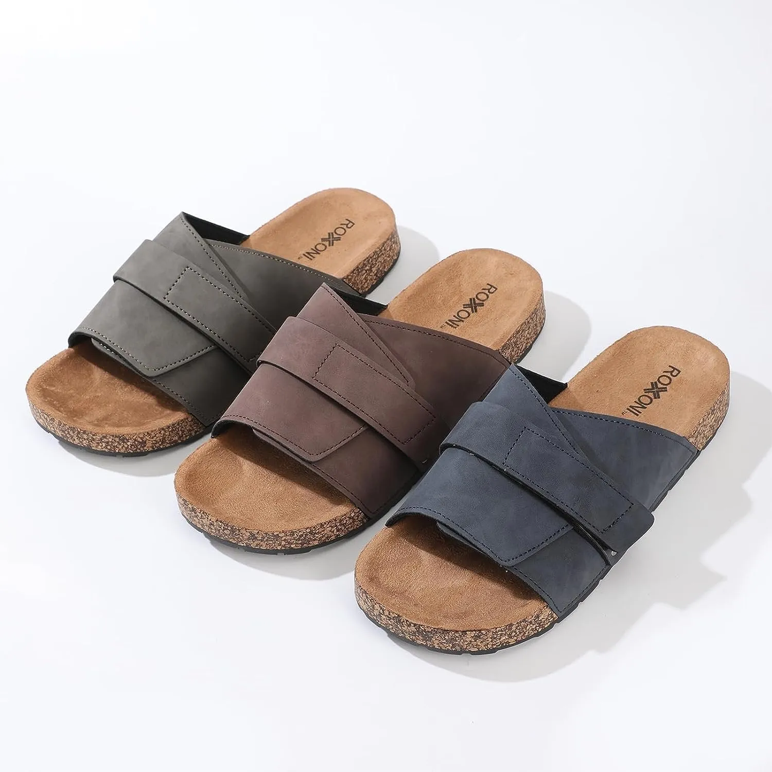 Stylish Flat Sandals for Men - Adjustable Strap, Suede Covered, Molded Faux Cork Midsole, EVA Rubber Sole