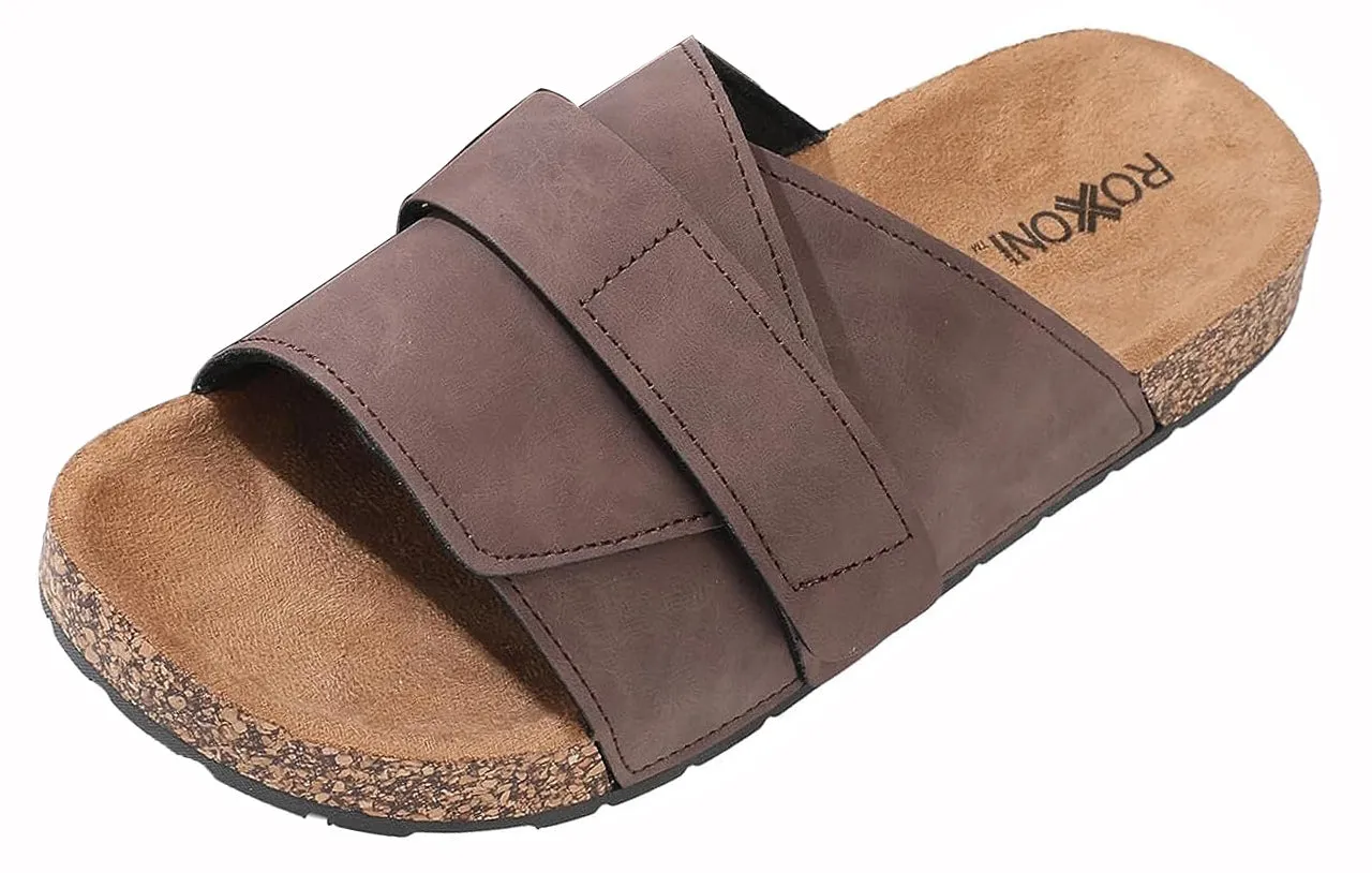 Stylish Flat Sandals for Men - Adjustable Strap, Suede Covered, Molded Faux Cork Midsole, EVA Rubber Sole
