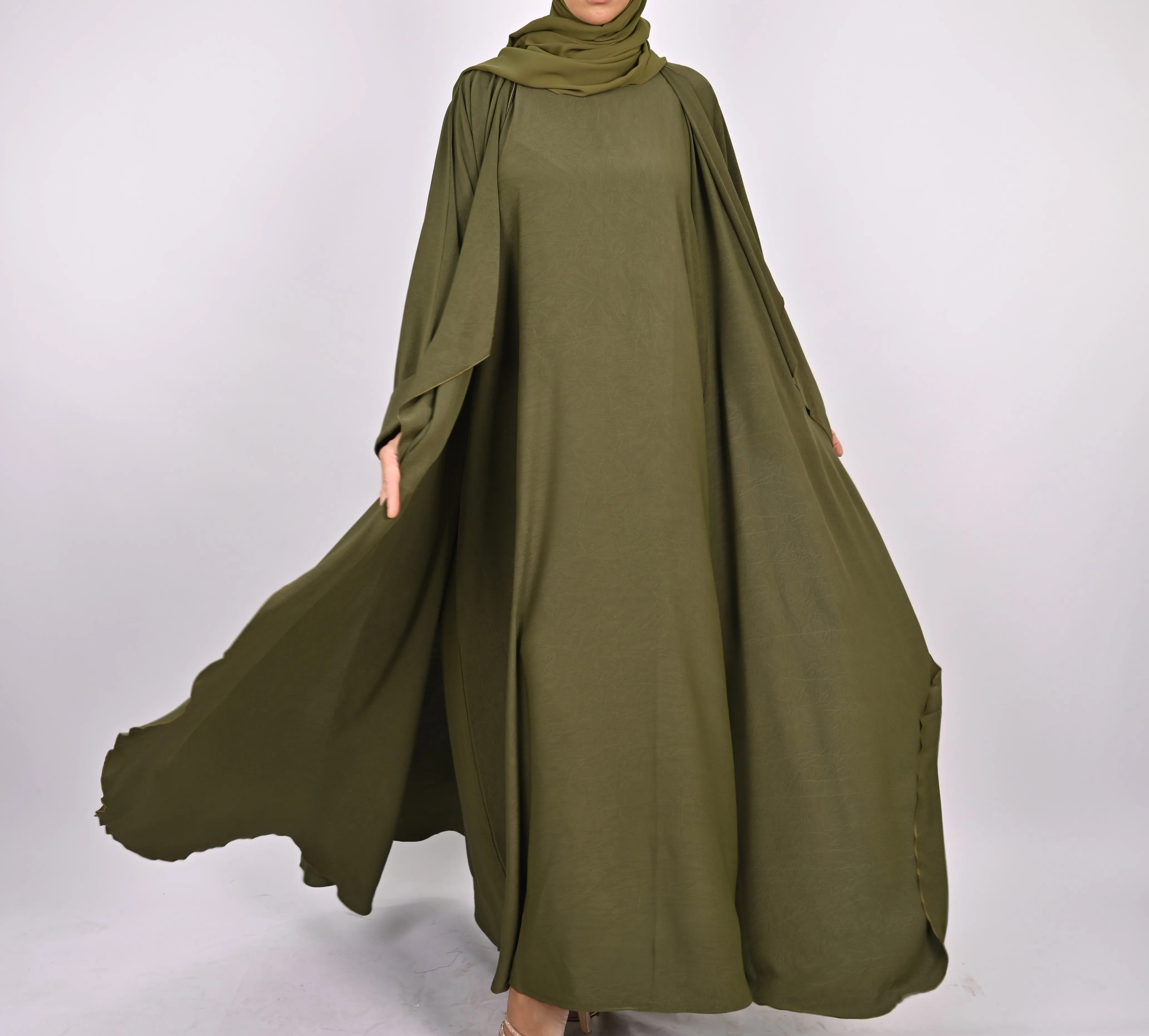 Three-Piece Waterfall Abaya Set - Khaki