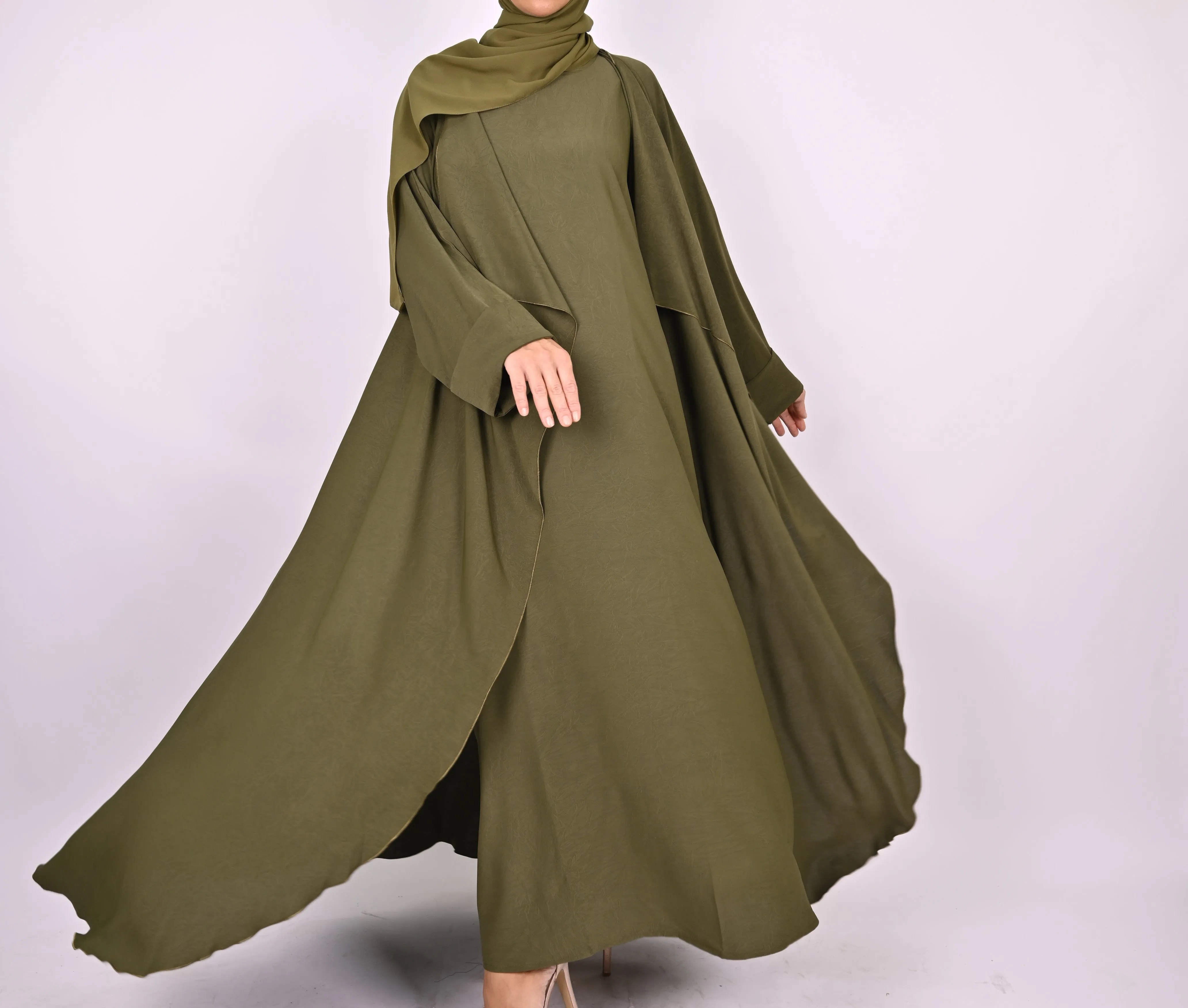 Three-Piece Waterfall Abaya Set - Khaki