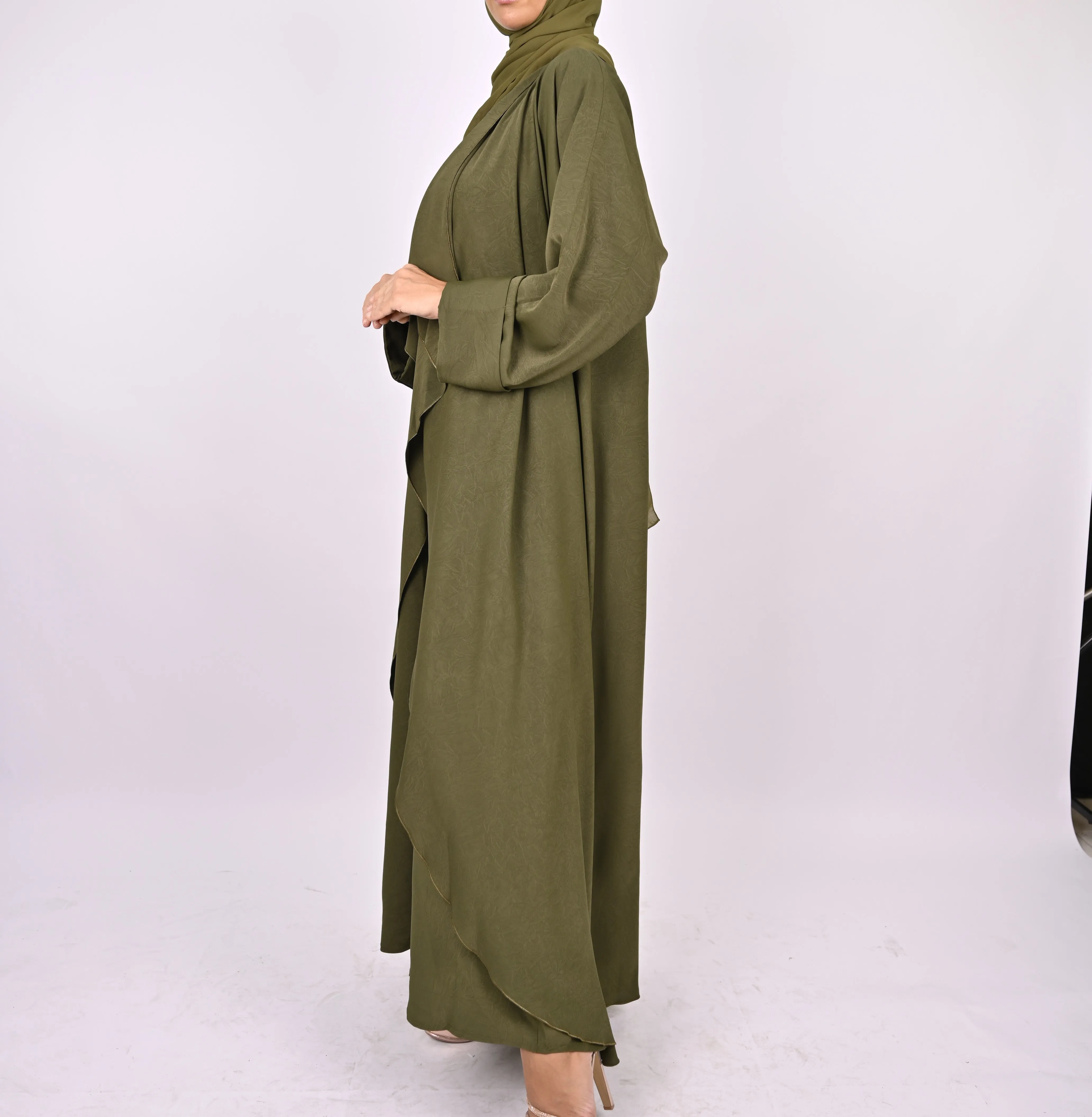 Three-Piece Waterfall Abaya Set - Khaki