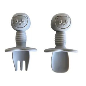 Tiny Teethers Mini Fork   Spoon Silicone Utensil Set - Light Grey