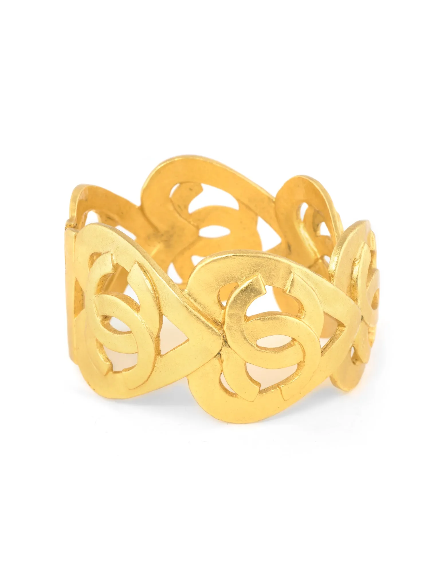Vintage Chanel Hearts Bracelet Spring c1995 Open Cuff Yellow Gold Tone 90s