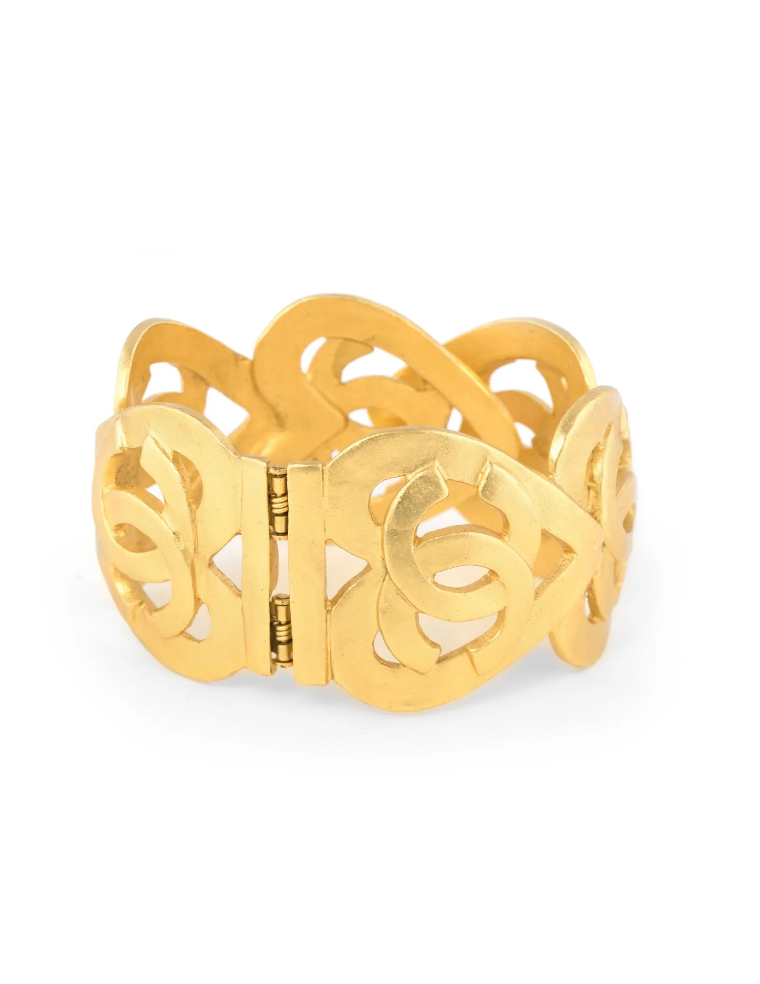 Vintage Chanel Hearts Bracelet Spring c1995 Open Cuff Yellow Gold Tone 90s