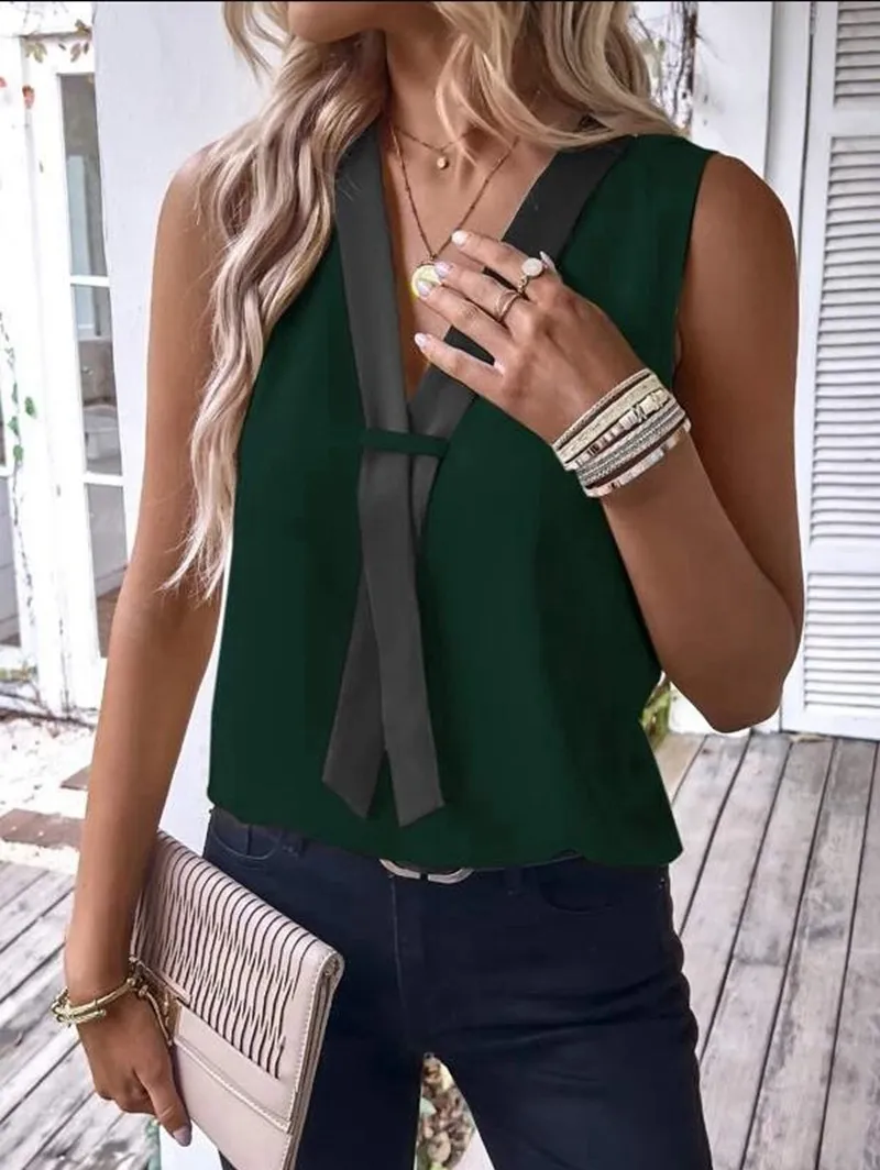 Viva Vibes Sleeveless Tie-Neck V-Cut Dressy Blouse