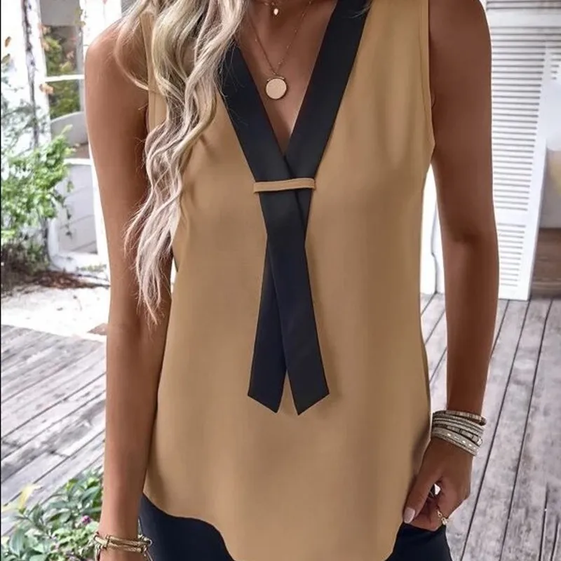 Viva Vibes Sleeveless Tie-Neck V-Cut Dressy Blouse