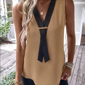 Viva Vibes Sleeveless Tie-Neck V-Cut Dressy Blouse