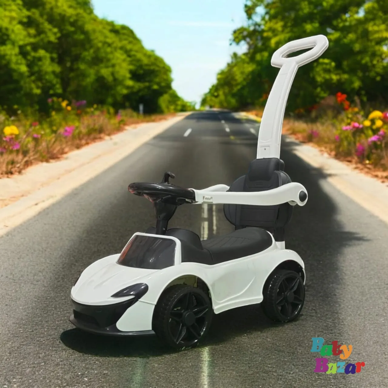 White Ferrari Shape Baby Car with Footrest and Side Protection Stylish and Safe Ride for Kids